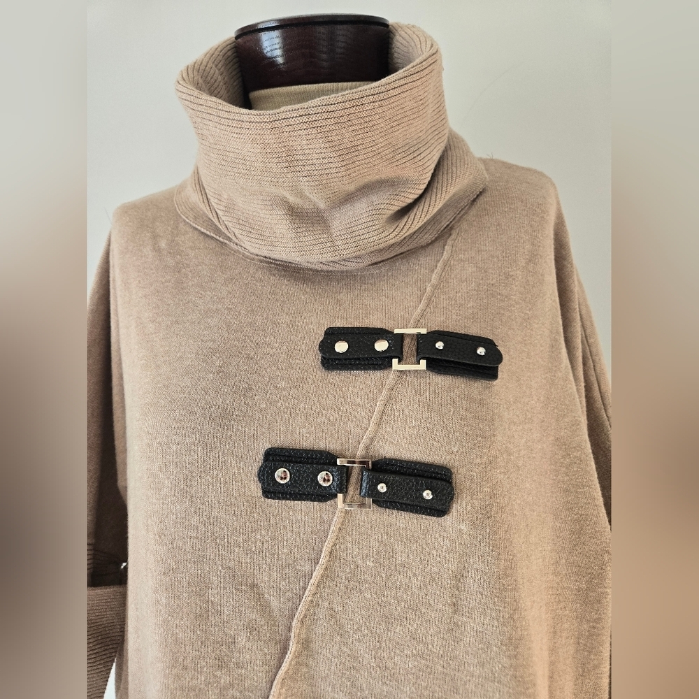 MARBLE Light Tan Cotton Cowl Neck Sweater with Faux Leather Buckles. Size Small - Picture 4 of 10